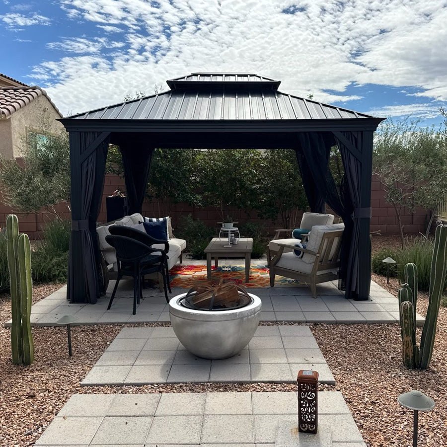 Gazebo for Backyard Grey Hardtop Galvanized Steel Roof Awning with String Lights-clear - Image 102