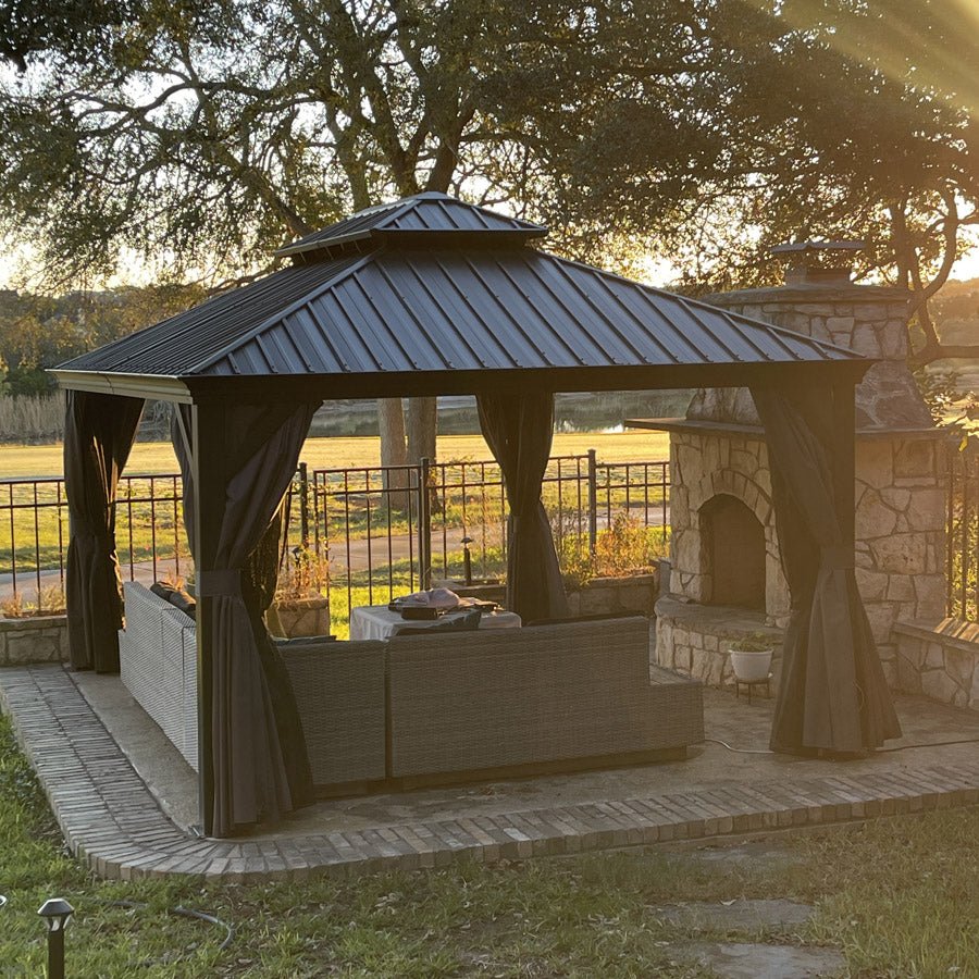 Gazebo for Backyard Grey Hardtop Galvanized Steel Roof Awning with String Lights-clear - Image 101