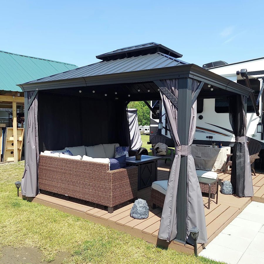 Patio Gazebo for Backyard Grey Hardtop Galvanized Steel Roof Awning with Upgrade Curtain - Image 128