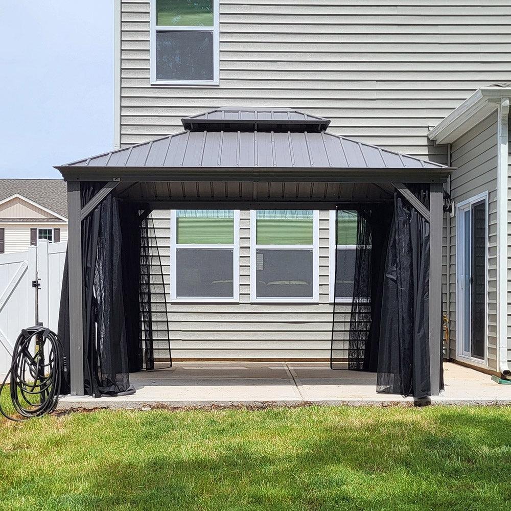 Patio Gazebo for Pool Light Grey Hardtop Galvanized Steel Roof with String Lights-clear - Image 34