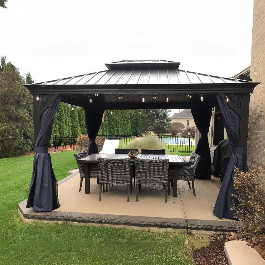 Outdoor Hardtop Gazebo for Patio Bronze Aluminum Frame Pavilion with Navy-Blue Curtain - Image 95