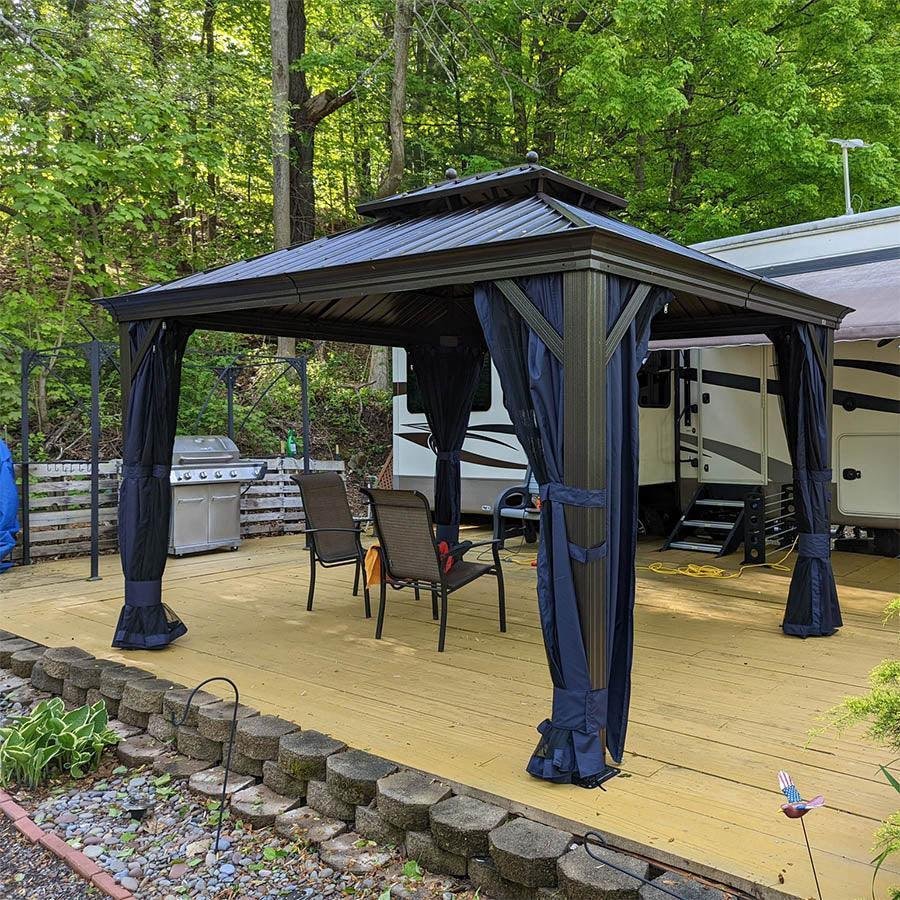 Outdoor Hardtop Gazebo for Patio Bronze Aluminum Frame Pavilion with Navy-Blue Curtain - Image 86