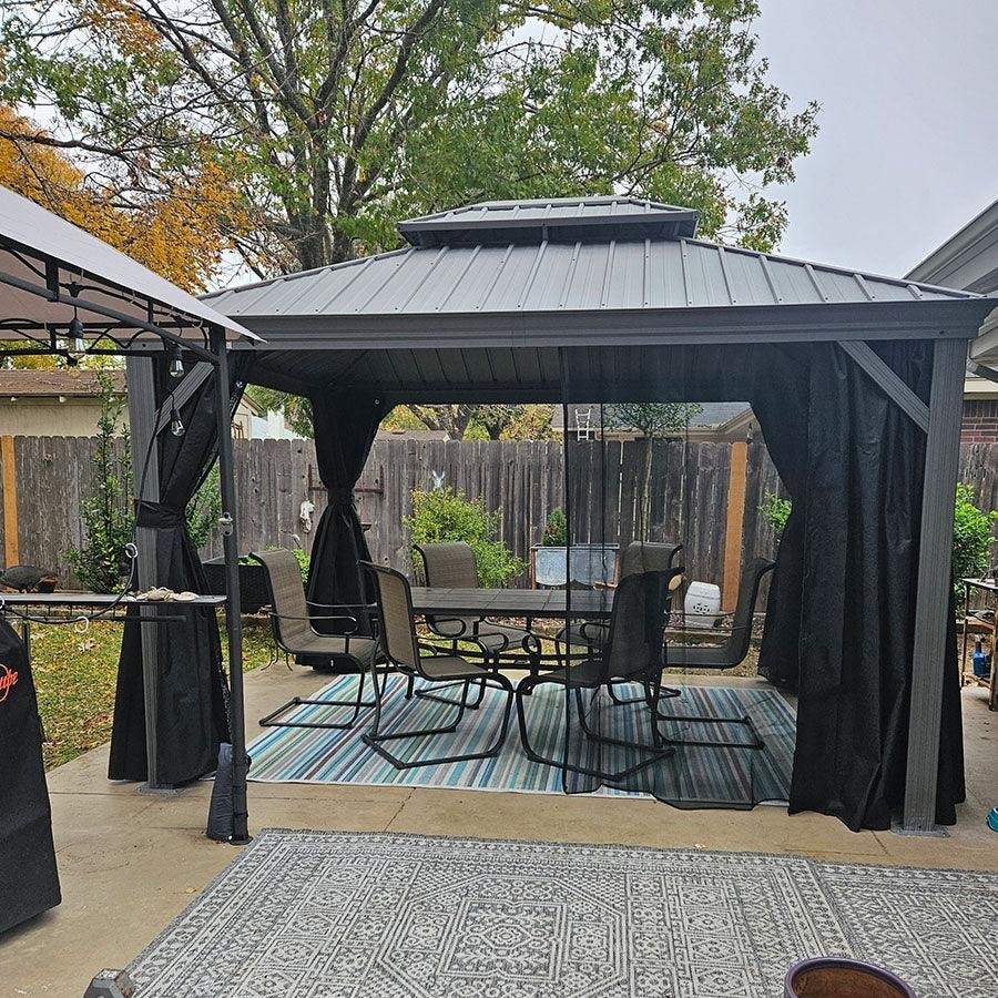 Patio Gazebo for Pool Light Grey Hardtop Galvanized Steel Roof with Upgraded Curtains - Image 69