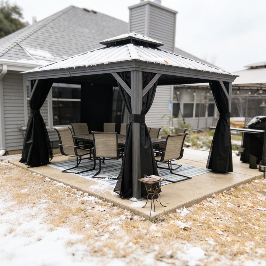 Patio Gazebo for Pool Light Grey Hardtop Galvanized Steel Roof with Upgraded Curtains - Image 94