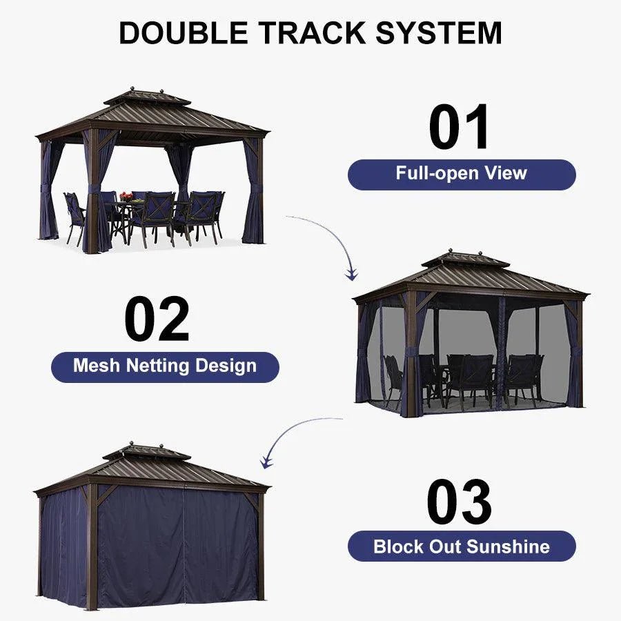 Outdoor Hardtop Gazebo for Patio Bronze Aluminum Frame Pavilion with Navy-Blue Curtain - Image 109