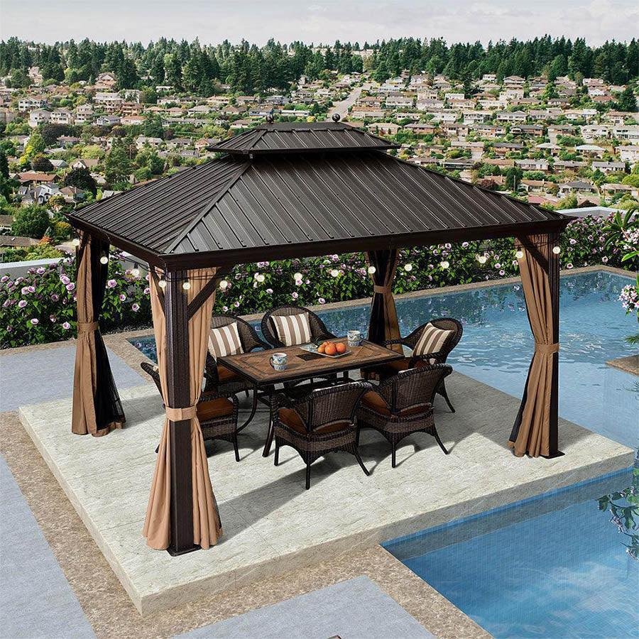 Outdoor Hardtop Gazebo for Garden Bronze Double Roof Aluminum Frame Pavilion with String Lights-clear - Image 3