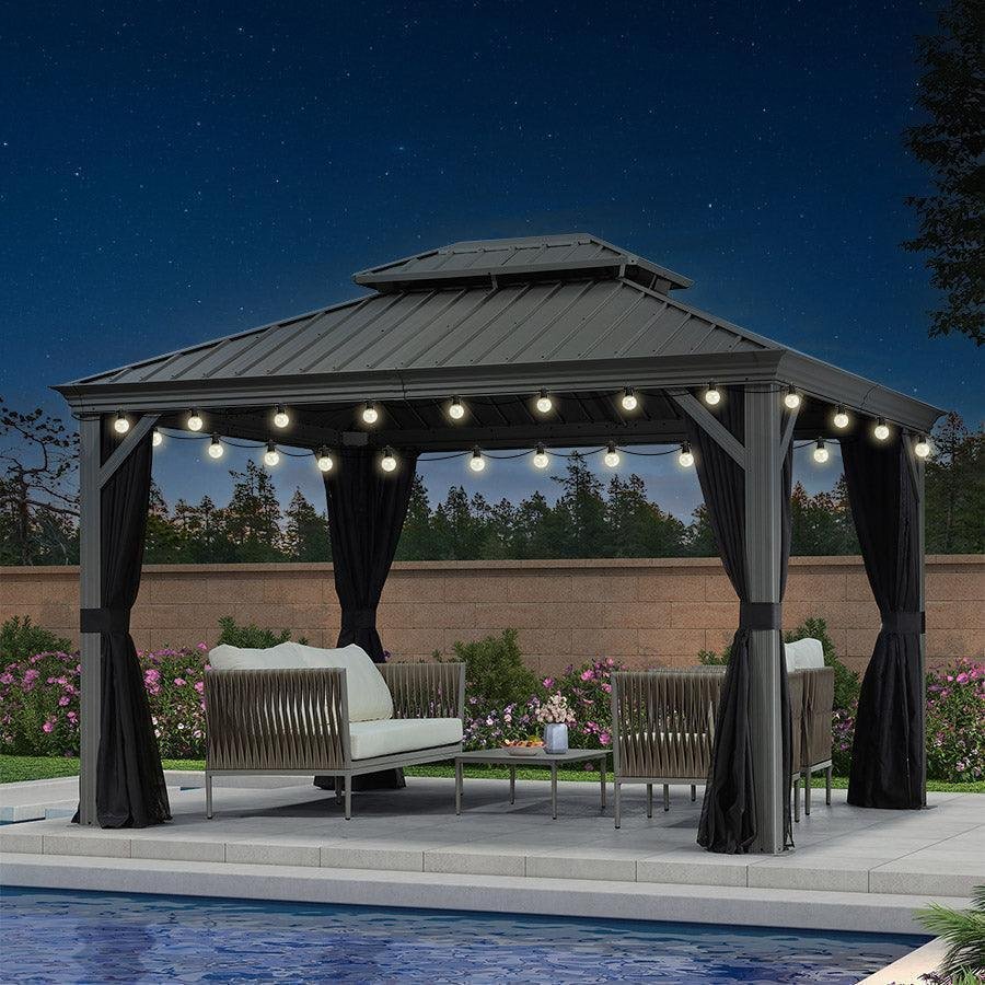Patio Gazebo for Pool Light Grey Hardtop Galvanized Steel Roof with String Lights-clear - Image 29
