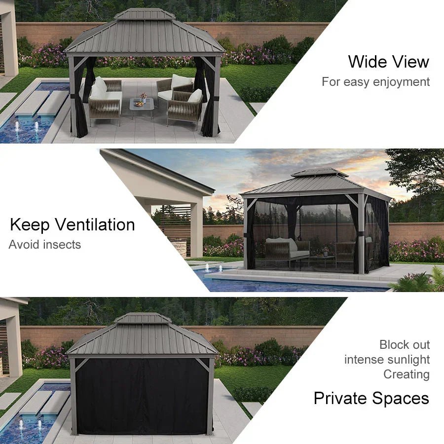 Patio Gazebo for Pool Light Grey Hardtop Galvanized Steel Roof with String Lights-clear - Image 41