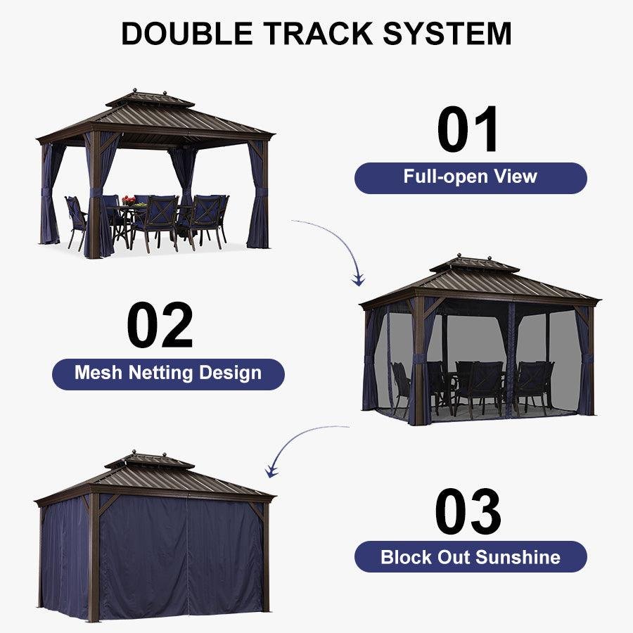 Outdoor Hardtop Gazebo for Patio Bronze Aluminum Frame Pavilion with Navy-Blue Curtain and String Lights-clear - Image 90