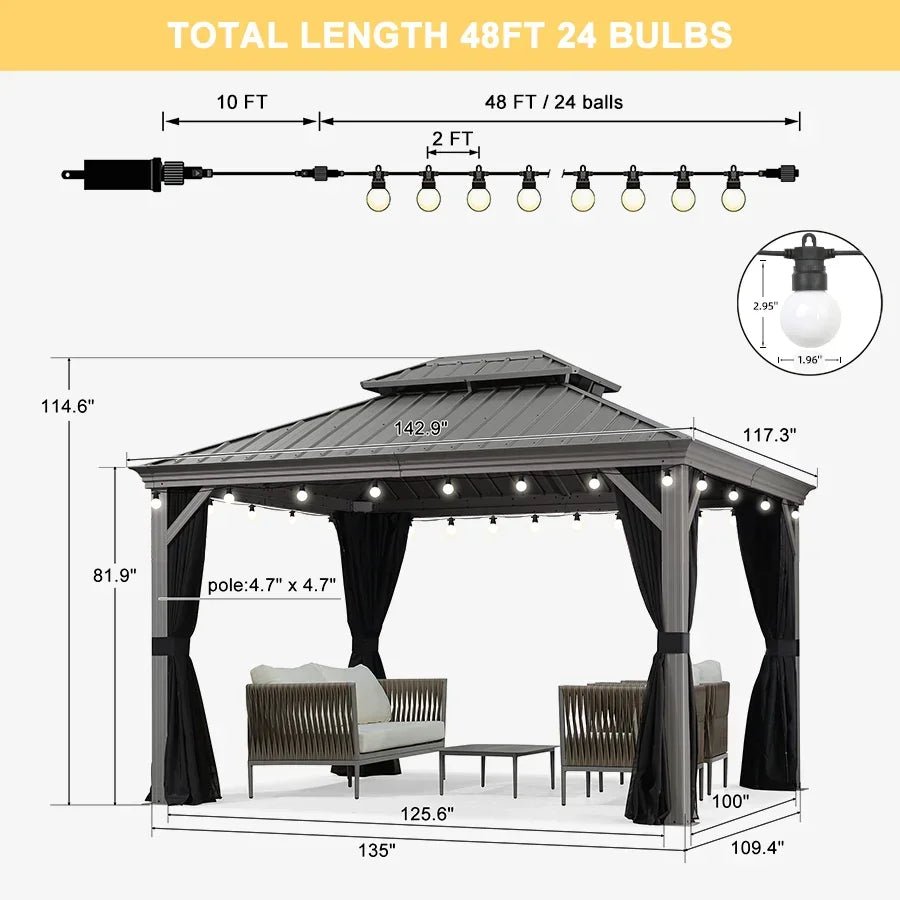 Patio Gazebo for Pool Light Grey Hardtop Galvanized Steel Roof with String Lights-milky - Image 92