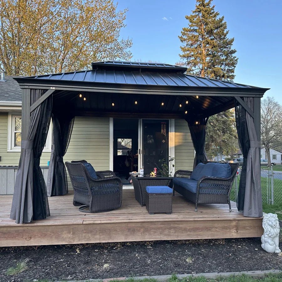 Gazebo for Backyard Grey Hardtop Galvanized Steel Roof Awning with String Lights-clear - Image 99
