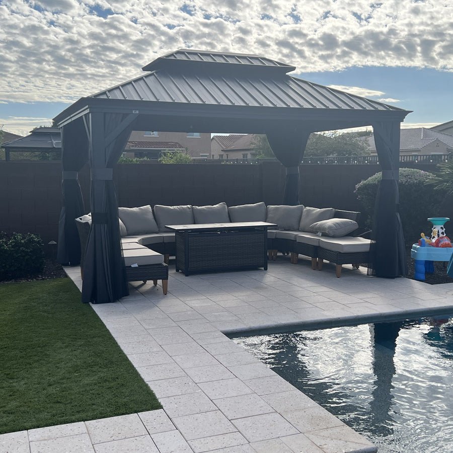 Gazebo for Backyard Grey Hardtop Galvanized Steel Roof Awning with String Lights-clear - Image 103