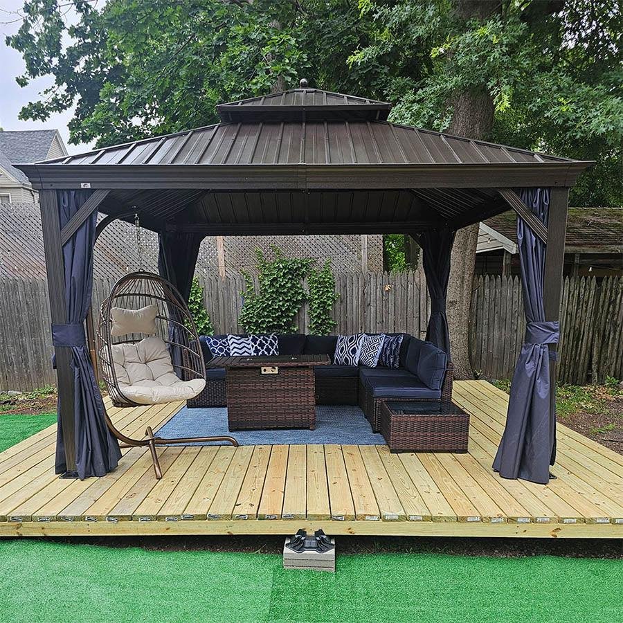 Outdoor Hardtop Gazebo for Patio Bronze Aluminum Frame Pavilion with Navy-Blue Curtain and String Lights-clear - Image 111