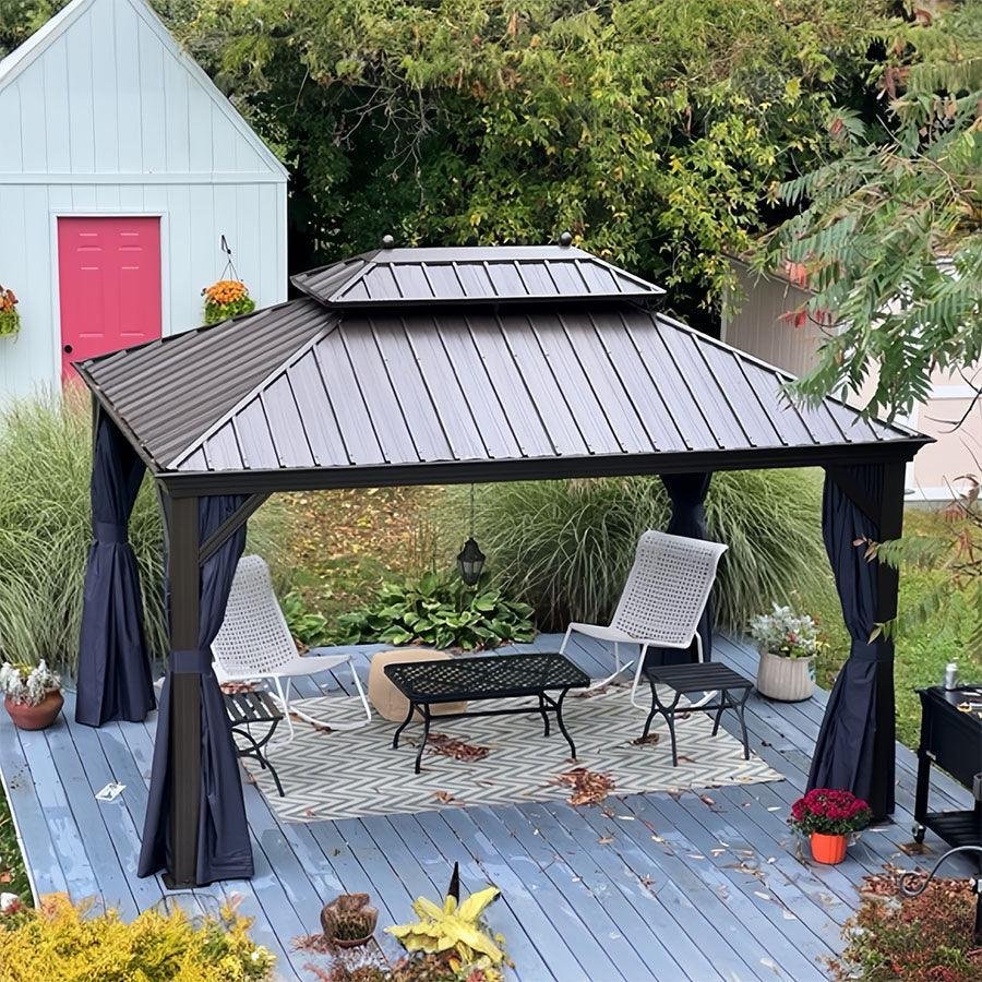 Outdoor Hardtop Gazebo for Patio Bronze Aluminum Frame Pavilion with Navy-Blue Curtain - Image 94