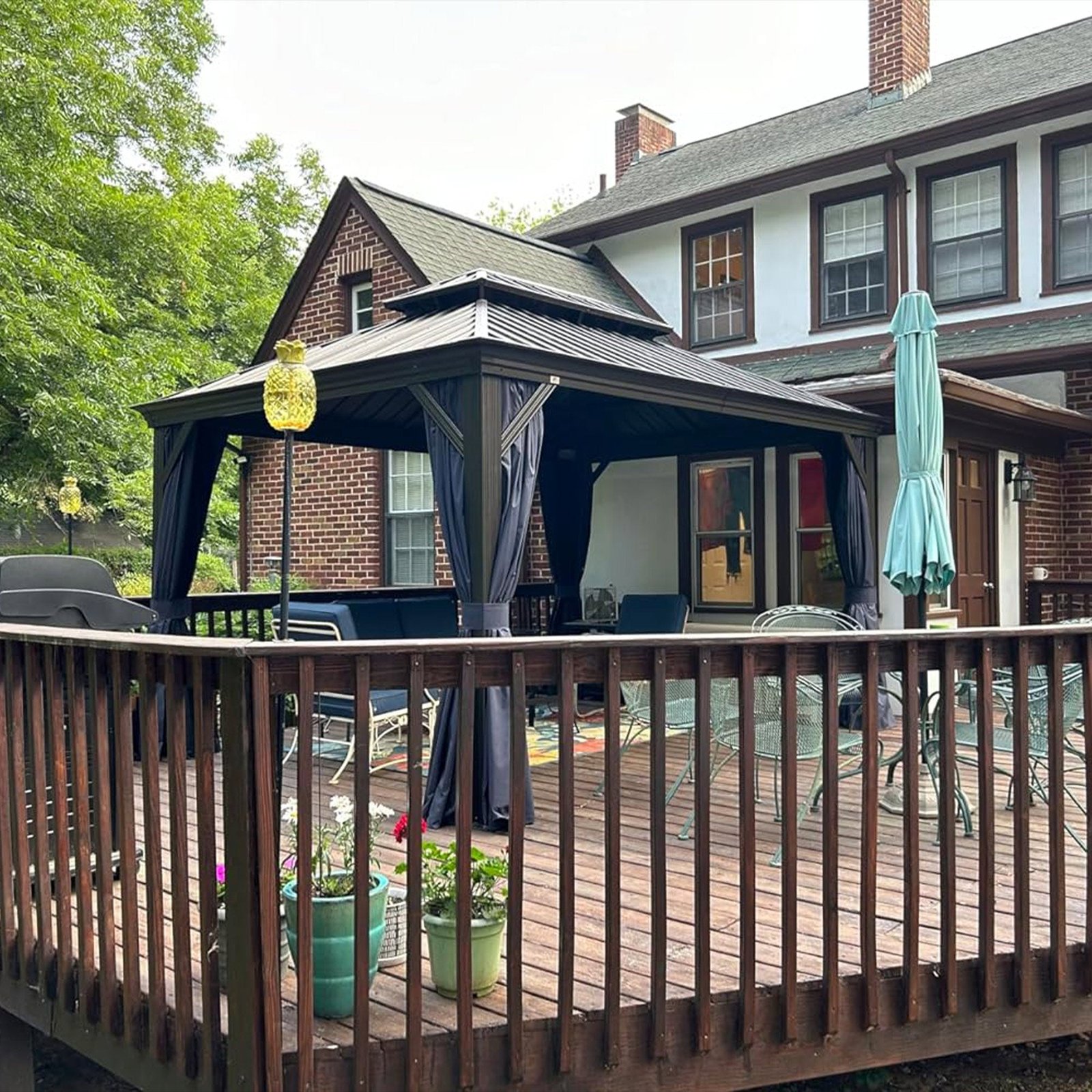 Outdoor Hardtop Gazebo for Patio Bronze Aluminum Frame Pavilion with Navy-Blue Curtain and String Lights-clear - Image 128