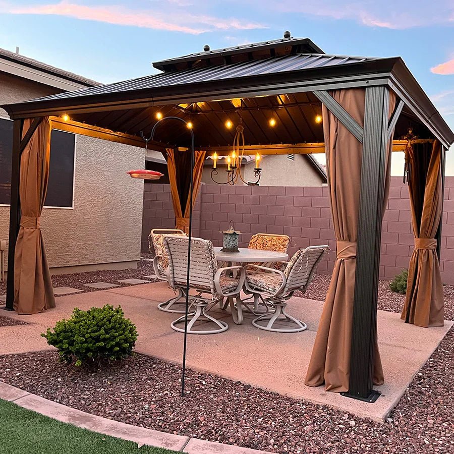 Outdoor Hardtop Gazebo for Garden Bronze Double Roof Aluminum Frame Pavilion with String Lights-clear - Image 124