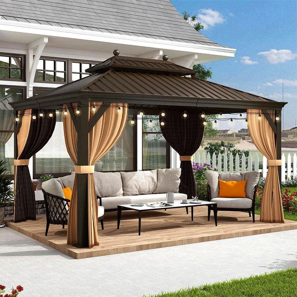 Outdoor Hardtop Gazebo for Garden Bronze Double Roof Aluminum Frame Pavilion with String Lights-milky - Image 36