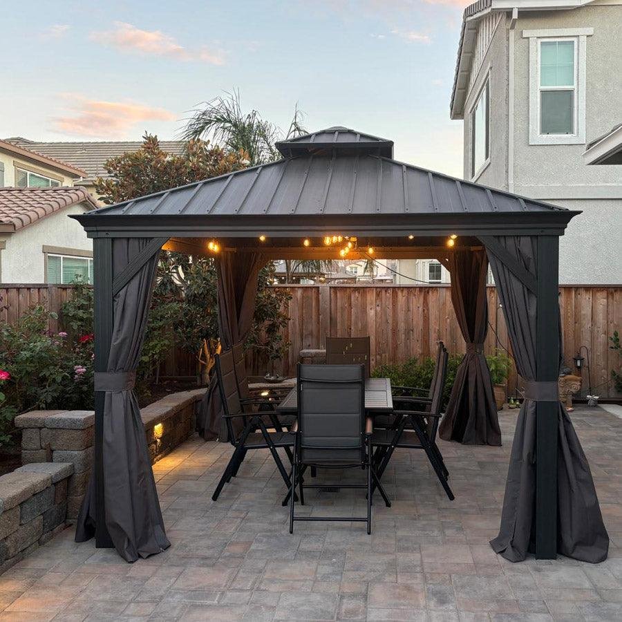 Gazebo for Backyard Grey Hardtop Galvanized Steel Roof Awning with String Lights-clear - Image 85