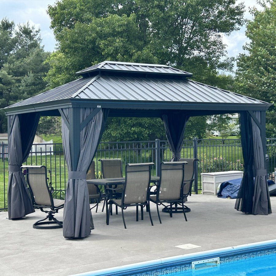 Gazebo for Backyard Grey Hardtop Galvanized Steel Roof Awning with String Lights-clear - Image 105
