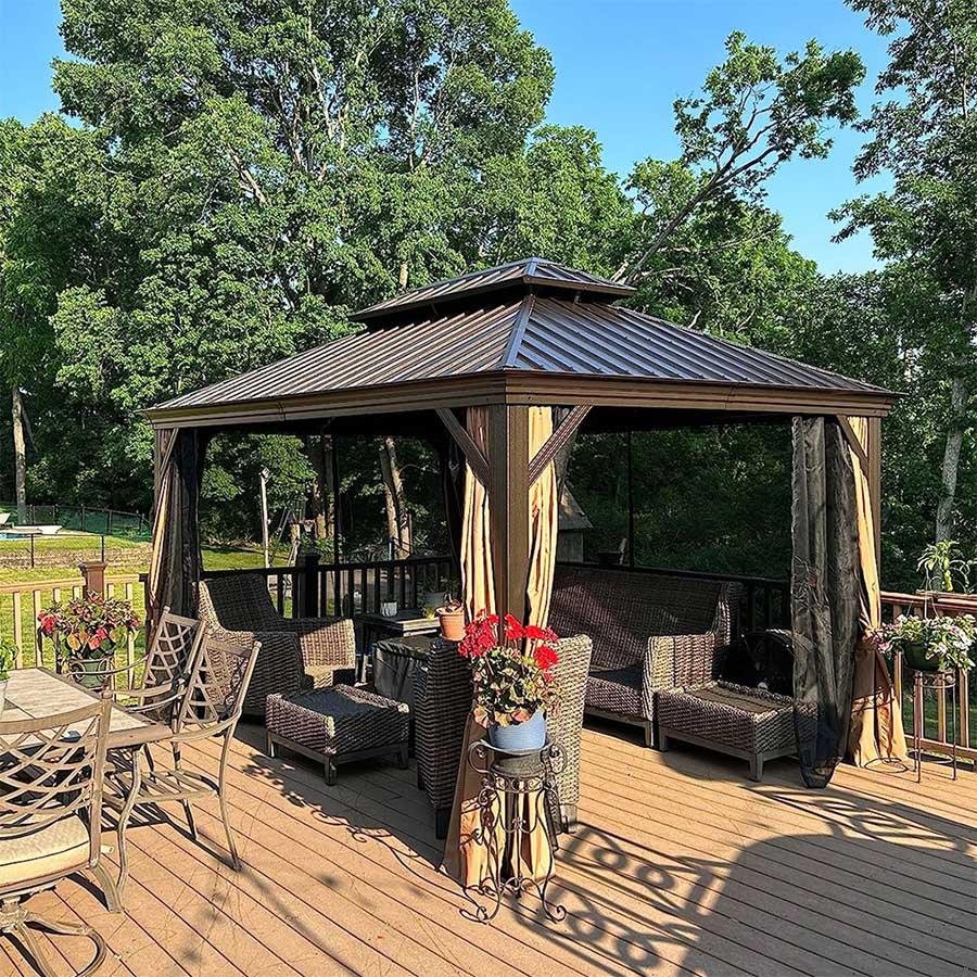 Outdoor Hardtop Gazebo for Garden Bronze Double Roof Aluminum Frame Pavilion with String Lights-clear - Image 97