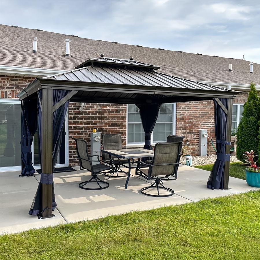 Outdoor Hardtop Gazebo for Patio Bronze Aluminum Frame Pavilion with Navy-Blue Curtain - Image 84