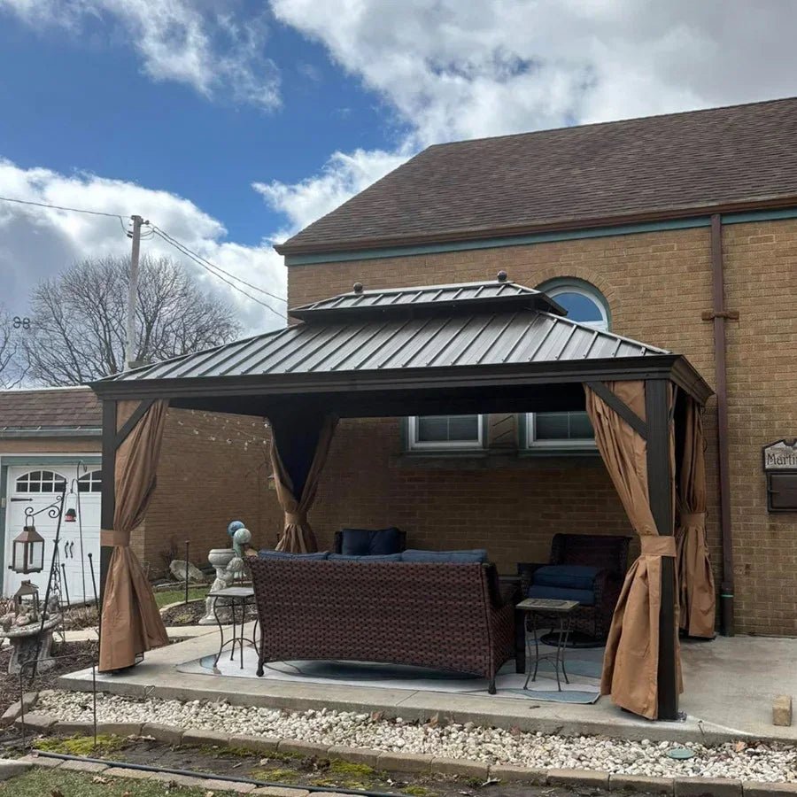 Outdoor Hardtop Gazebo for Garden Bronze Double Roof Aluminum Frame Pavilion with String Lights-milky - Image 105