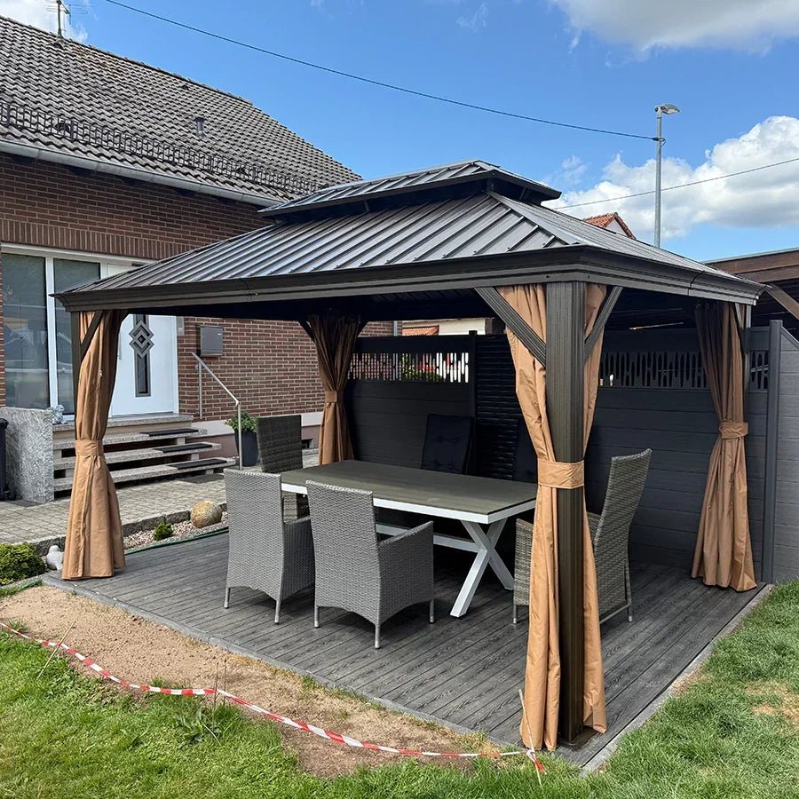 Outdoor Hardtop Gazebo for Garden Bronze Double Roof Aluminum Frame Pavilion with String Lights-milky - Image 106