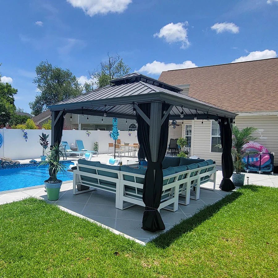 Patio Gazebo for Pool Light Grey Hardtop Galvanized Steel Roof with String Lights-clear - Image 73