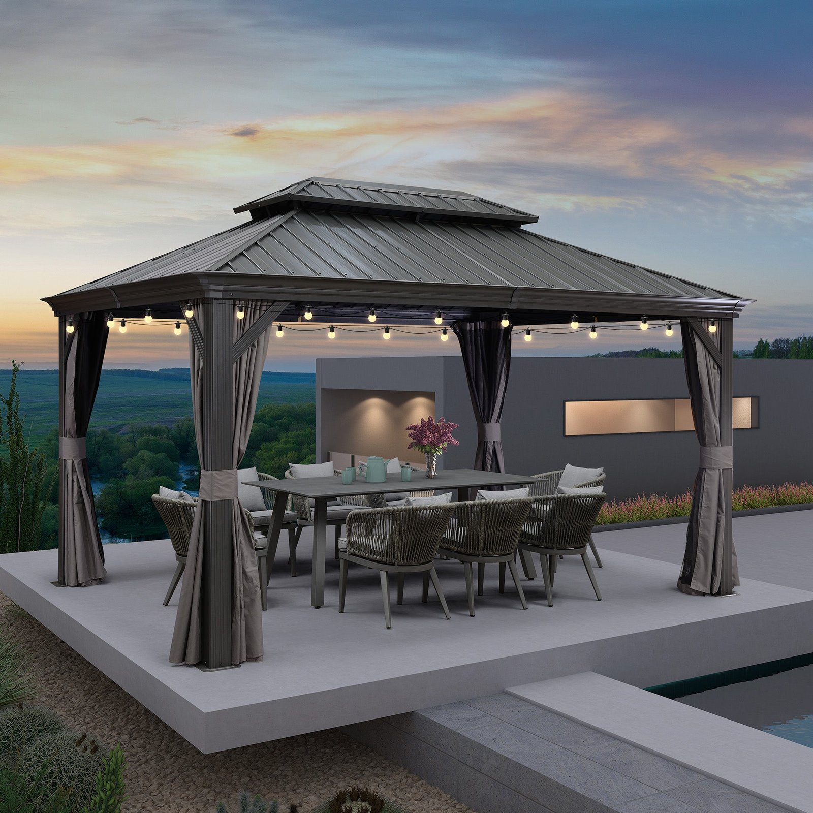 Gazebo for Backyard Grey Hardtop Galvanized Steel Roof Awning String Lights-milky - Image 48