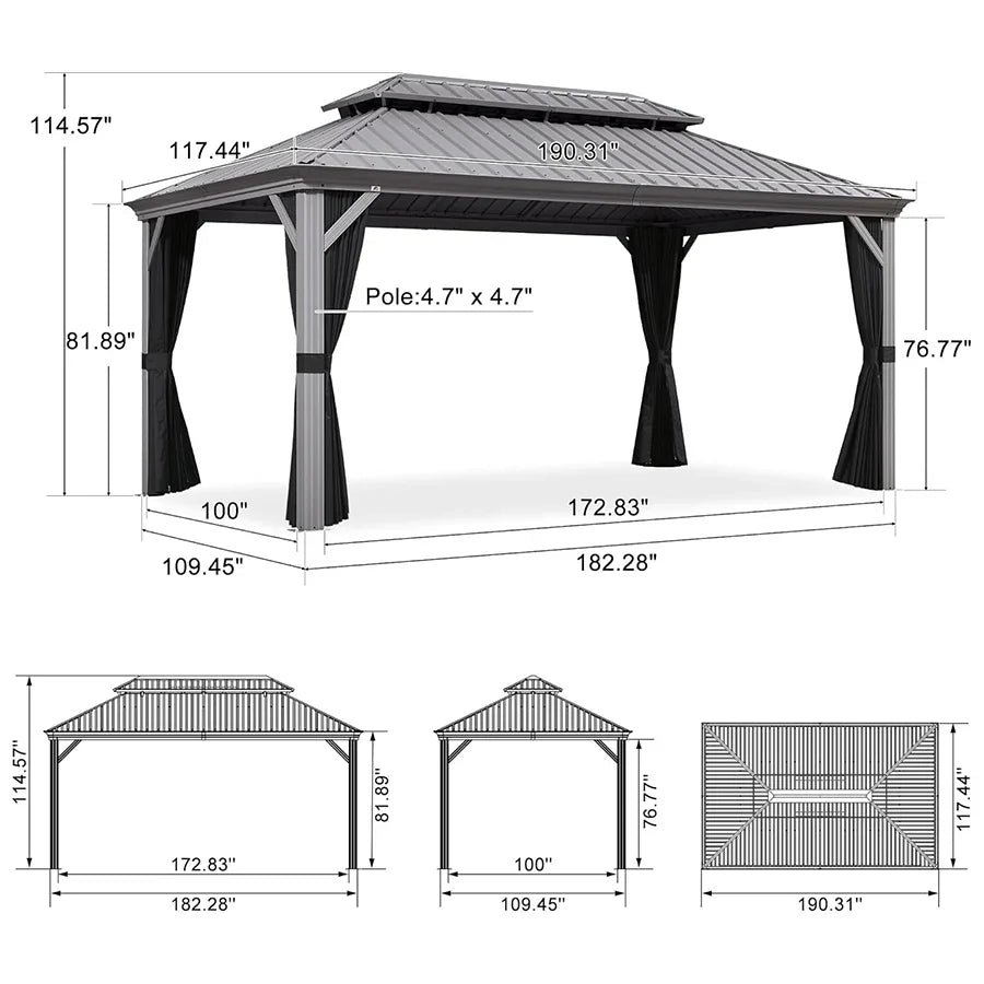Patio Gazebo for Pool Light Grey Hardtop Galvanized Steel Roof with Upgraded Curtains - Image 123