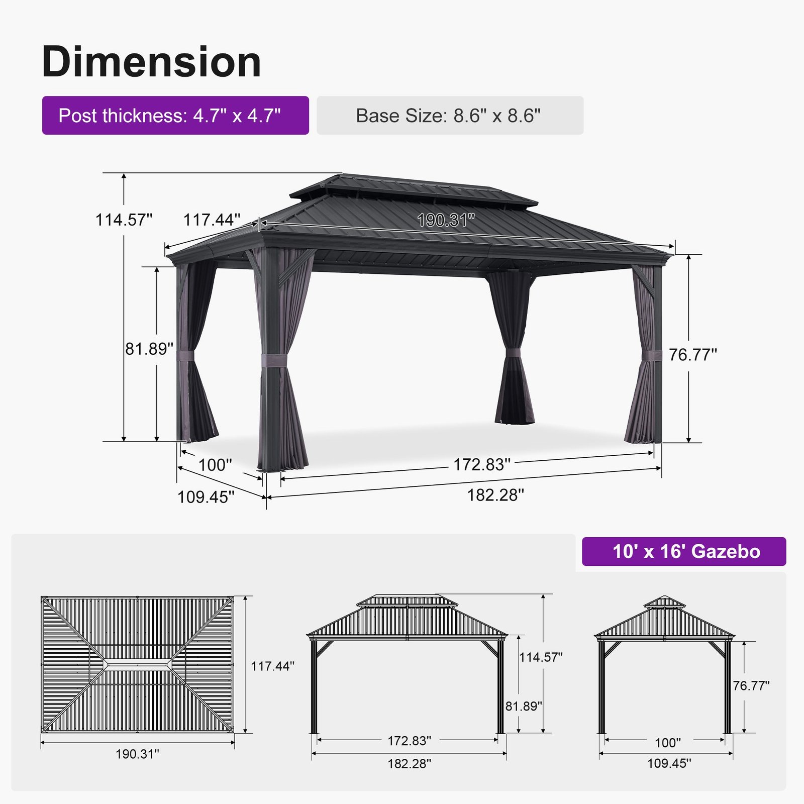 Patio Gazebo for Backyard Grey Hardtop Galvanized Steel Roof Awning with Upgrade Curtain - Image 195