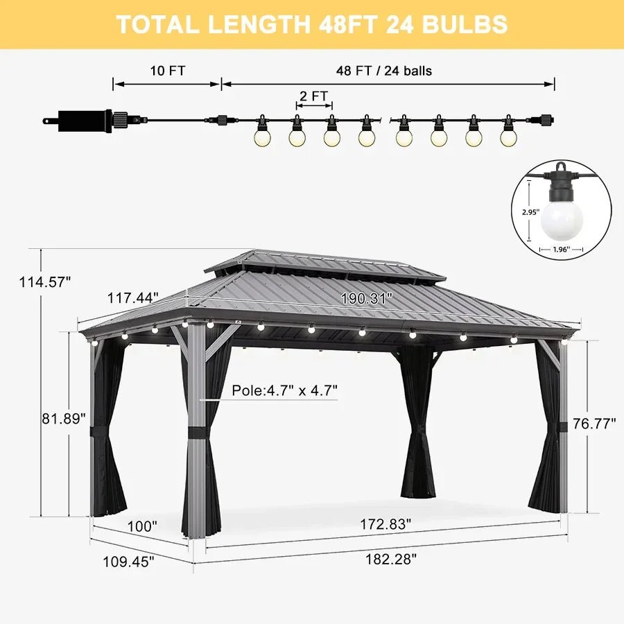 Patio Gazebo for Pool Light Grey Hardtop Galvanized Steel Roof with String Lights-milky - Image 101