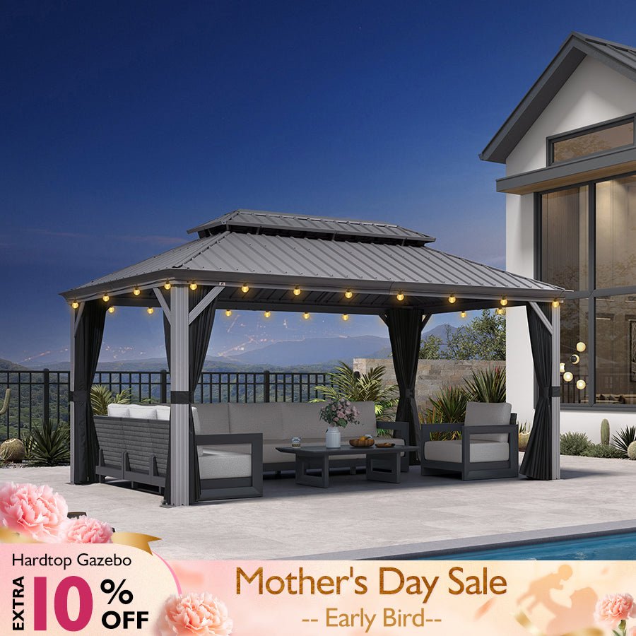 Patio Gazebo for Pool Light Grey Hardtop Galvanized Steel Roof with String Lights-clear - Image 16
