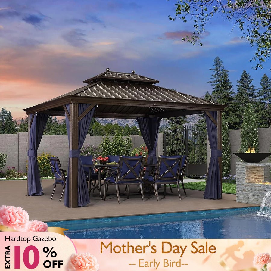 Outdoor Hardtop Gazebo for Patio Bronze Aluminum Frame Pavilion with Navy-Blue Curtain - Image 11