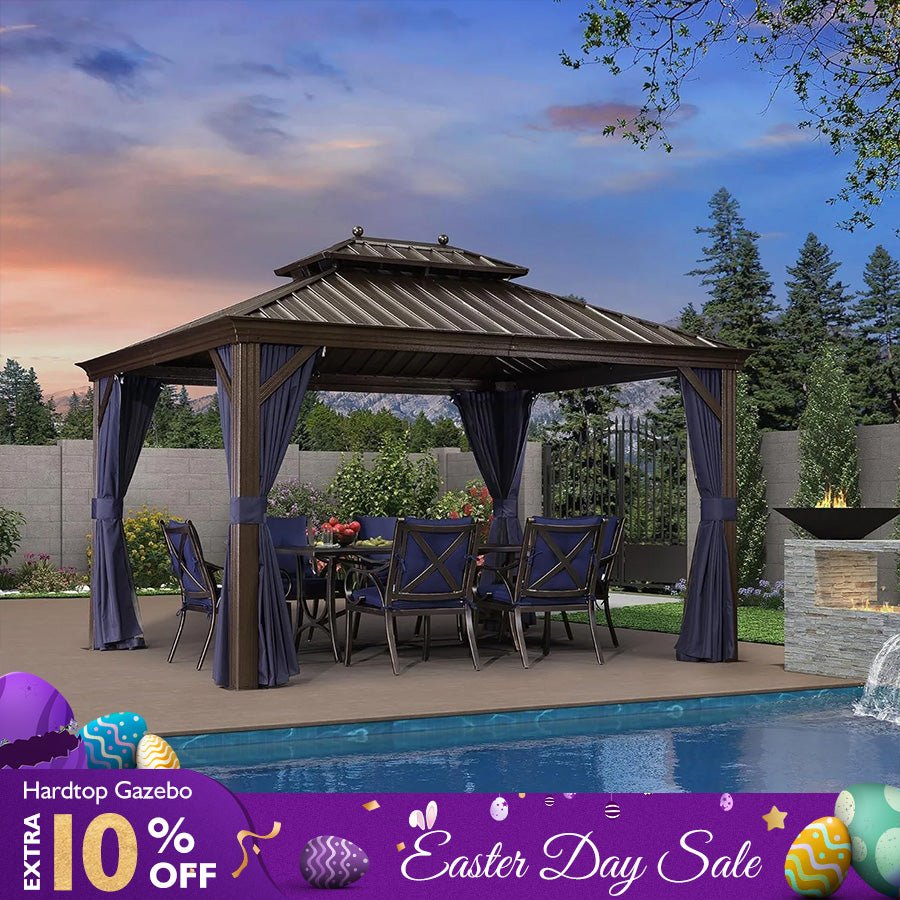 Outdoor Hardtop Gazebo for Patio Bronze Aluminum Frame Pavilion with Navy-Blue Curtain - Image 12