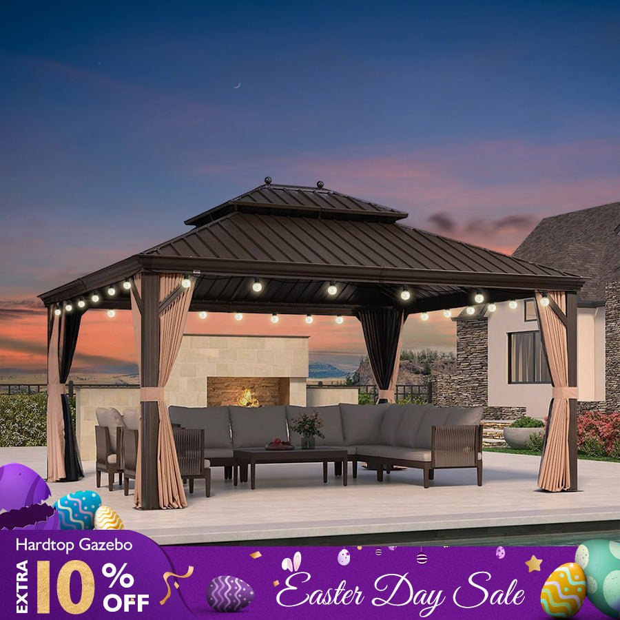 Outdoor Hardtop Gazebo for Garden Bronze Double Roof Aluminum Frame Pavilion with String Lights-clear - Image 12