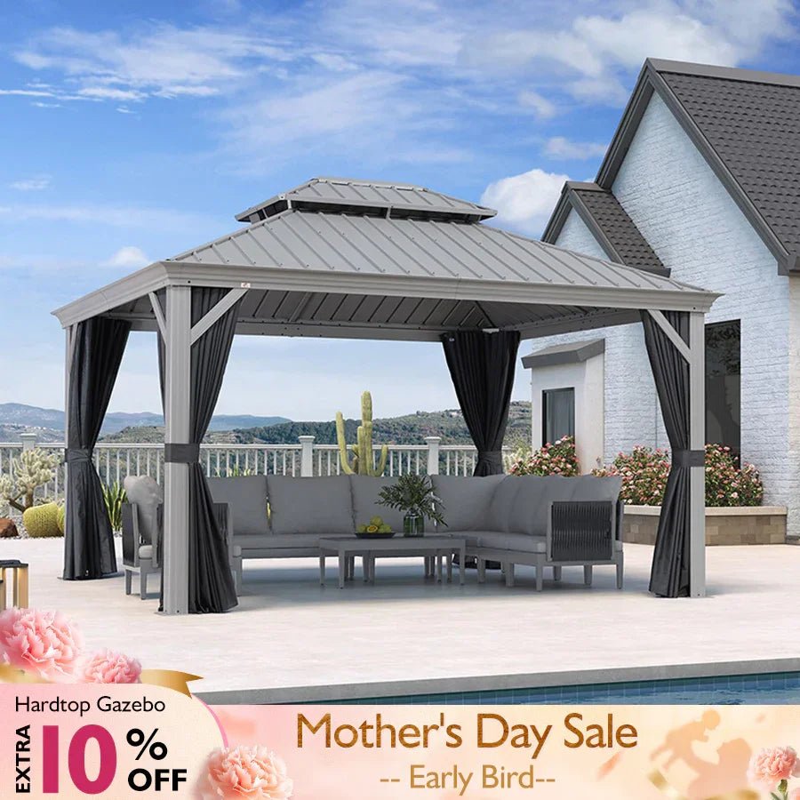 Patio Gazebo for Pool Light Grey Hardtop Galvanized Steel Roof with Upgraded Curtains - Image 8