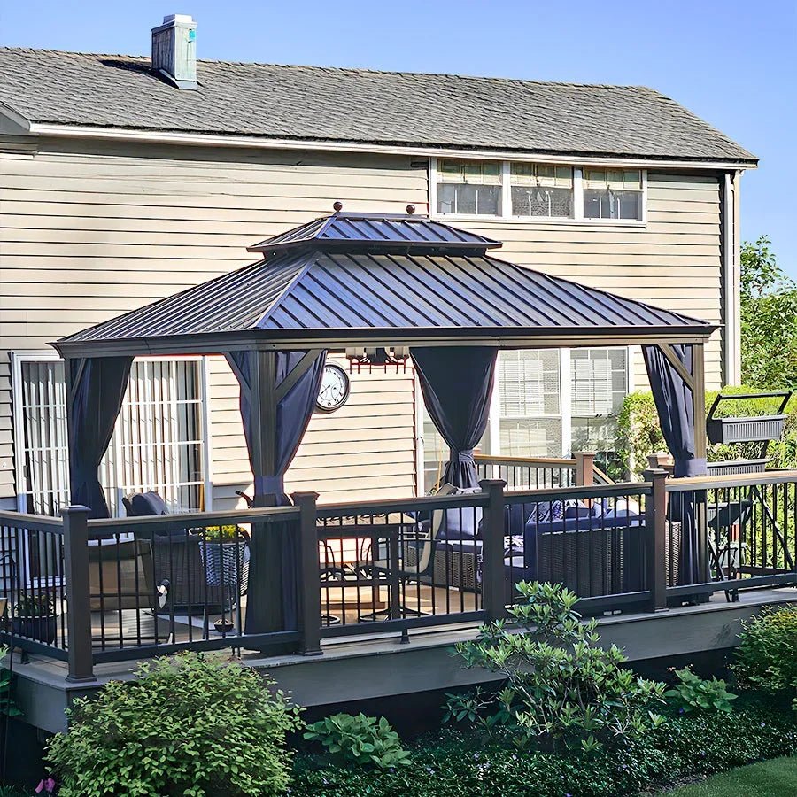 Outdoor Hardtop Gazebo for Patio Bronze Aluminum Frame Pavilion with Navy-Blue Curtain - Image 123