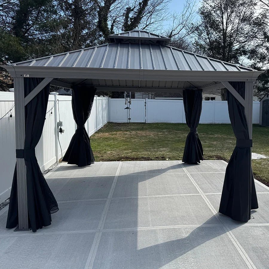 Patio Gazebo for Pool Light Grey Hardtop Galvanized Steel Roof with Upgraded Curtains - Image 127