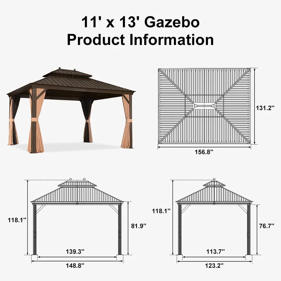 Outdoor Hardtop Gazebo for Garden Bronze Double Roof Aluminum Frame Pavilion with String Lights-milky - Image 126