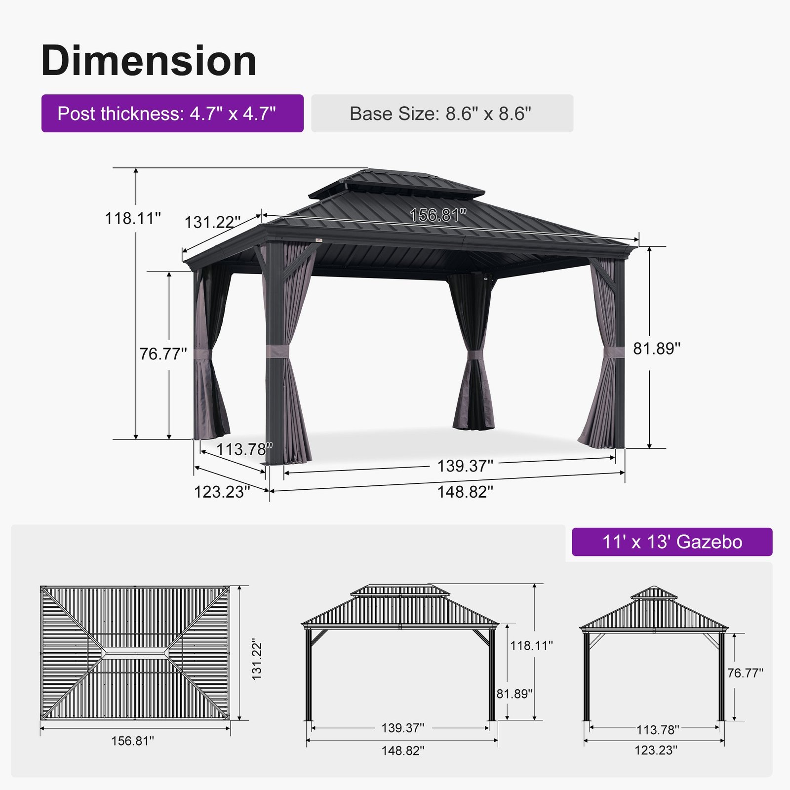 Patio Gazebo for Backyard Grey Hardtop Galvanized Steel Roof Awning with Upgrade Curtain - Image 172