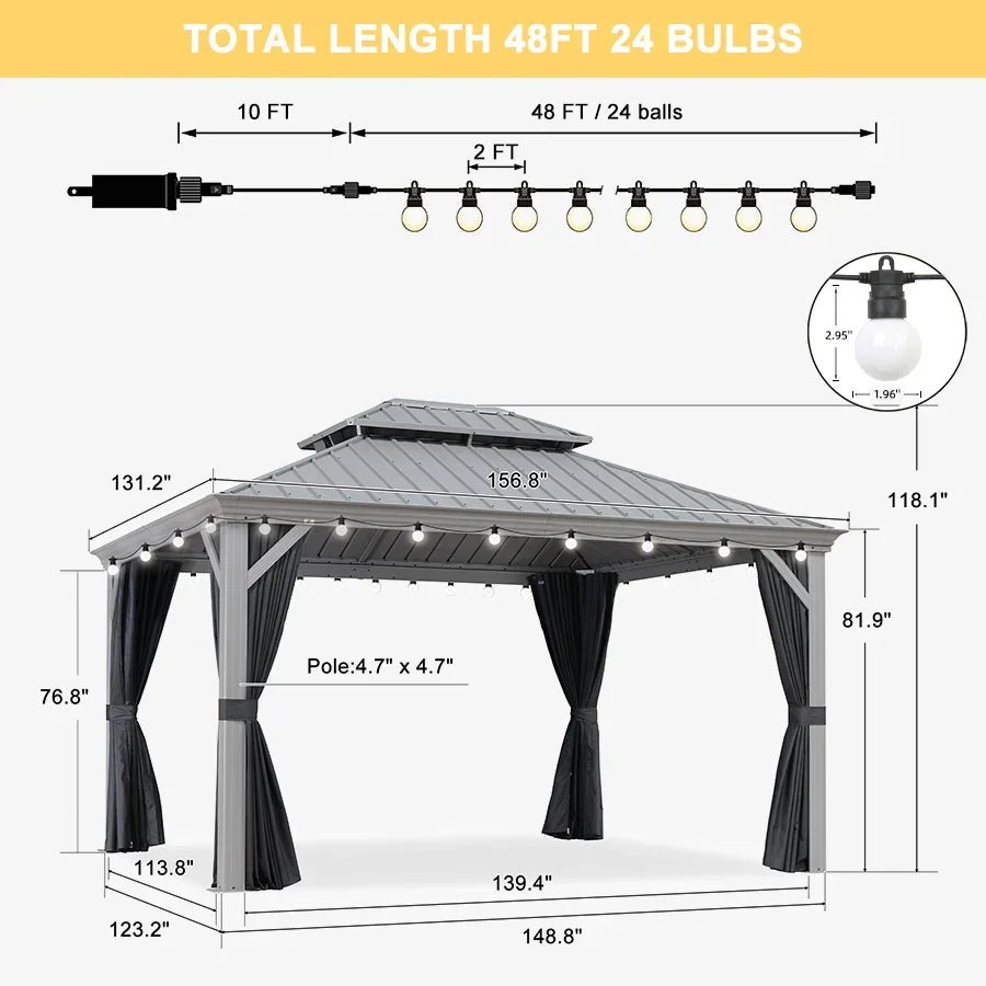 Patio Gazebo for Pool Light Grey Hardtop Galvanized Steel Roof with String Lights-milky - Image 87