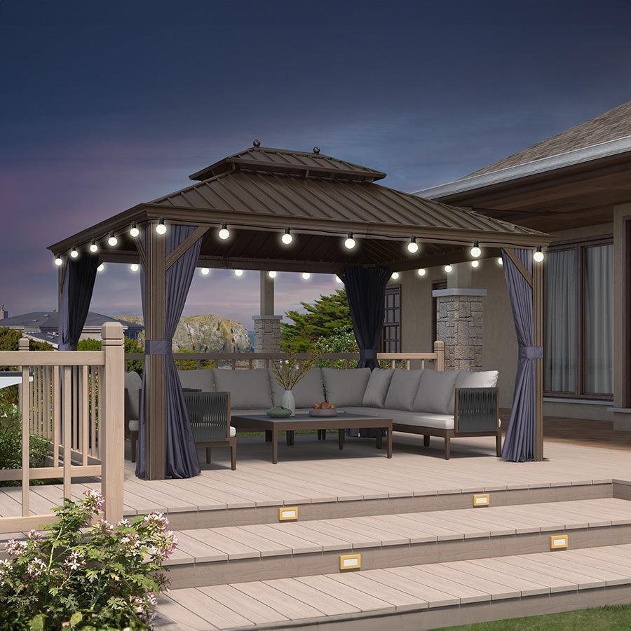 Outdoor Hardtop Gazebo for Patio Bronze Aluminum Frame Pavilion with Navy-Blue Curtain and String Lights-clear - Image 78