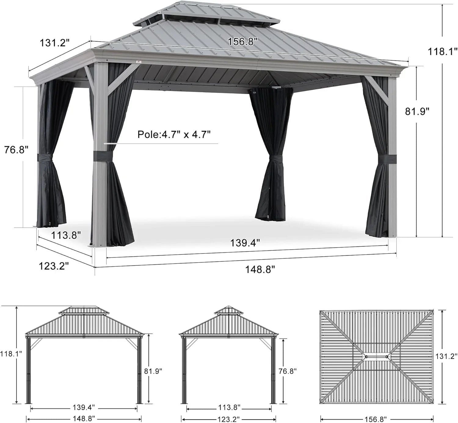 Patio Gazebo for Pool Light Grey Hardtop Galvanized Steel Roof with Upgraded Curtains - Image 92