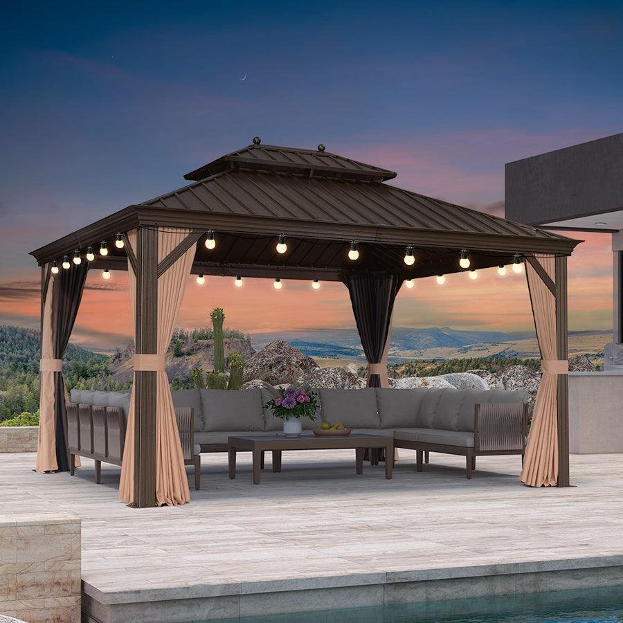 Outdoor Hardtop Gazebo for Garden Bronze Double Roof Aluminum Frame Pavilion with String Lights-milky - Image 74