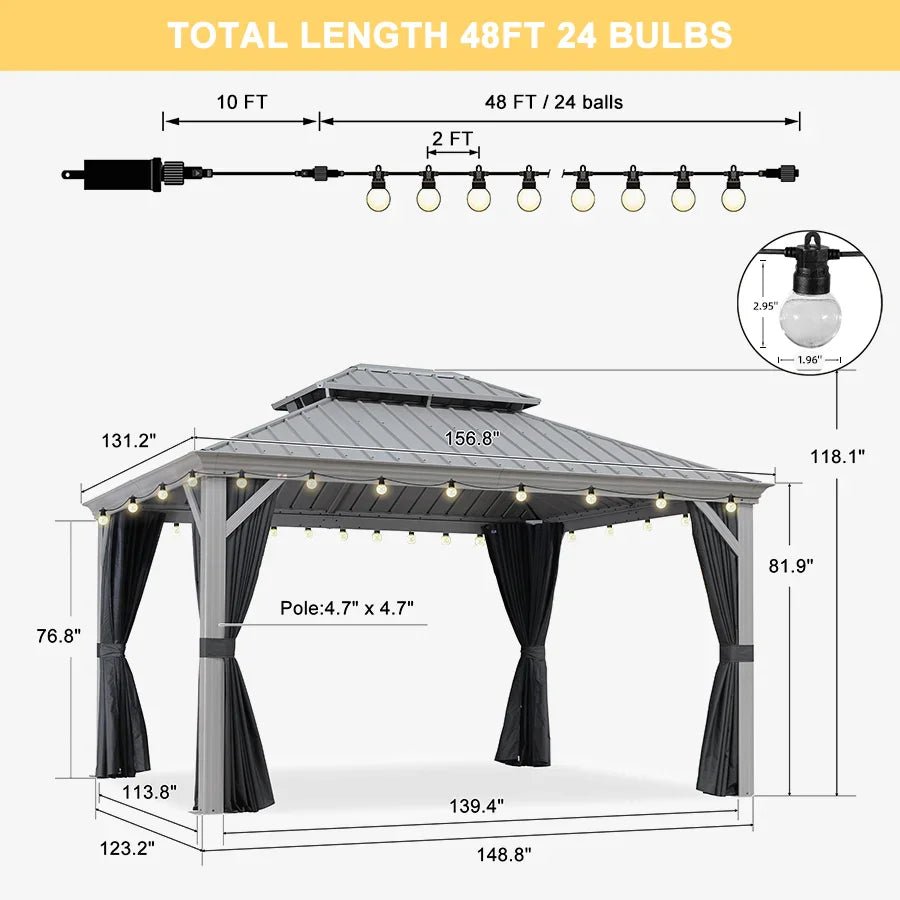 Patio Gazebo for Pool Light Grey Hardtop Galvanized Steel Roof with String Lights-clear - Image 94