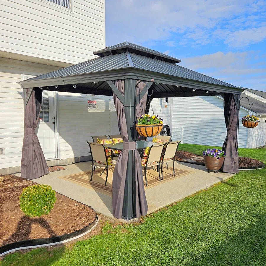 Gazebo for Backyard Grey Hardtop Galvanized Steel Roof Awning with String Lights-clear - Image 98
