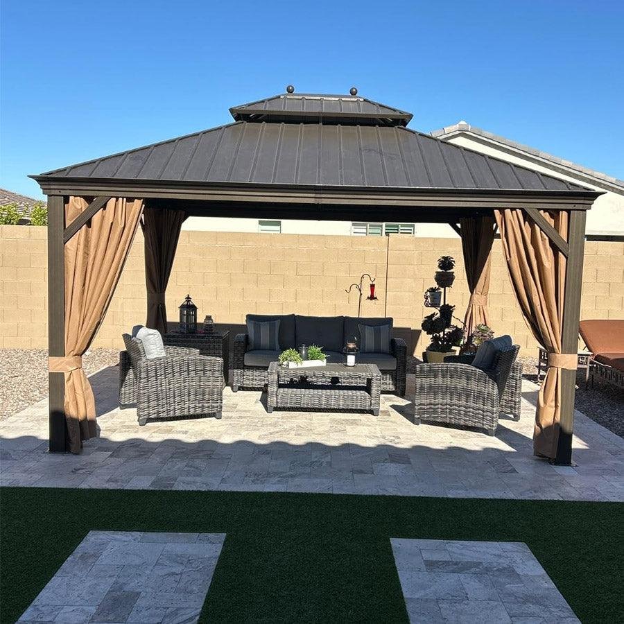 Outdoor Hardtop Gazebo for Garden Bronze Double Roof Aluminum Frame Pavilion with String Lights-milky - Image 91