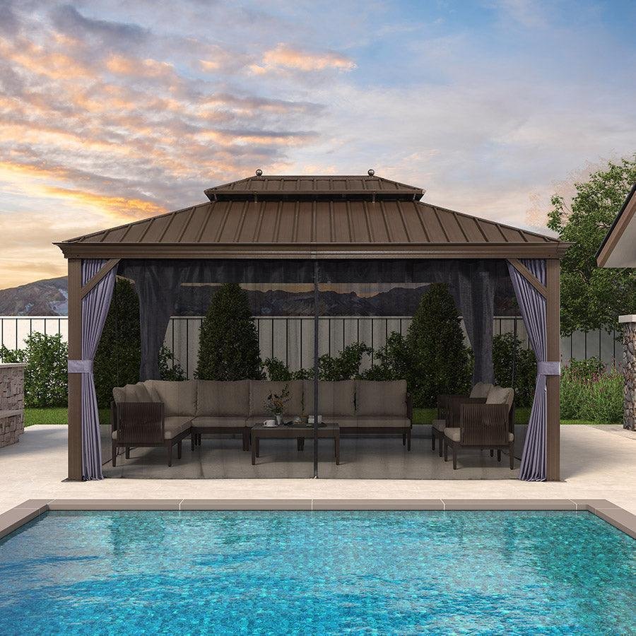 Outdoor Hardtop Gazebo for Patio Bronze Aluminum Frame Pavilion with Navy-Blue Curtain - Image 97