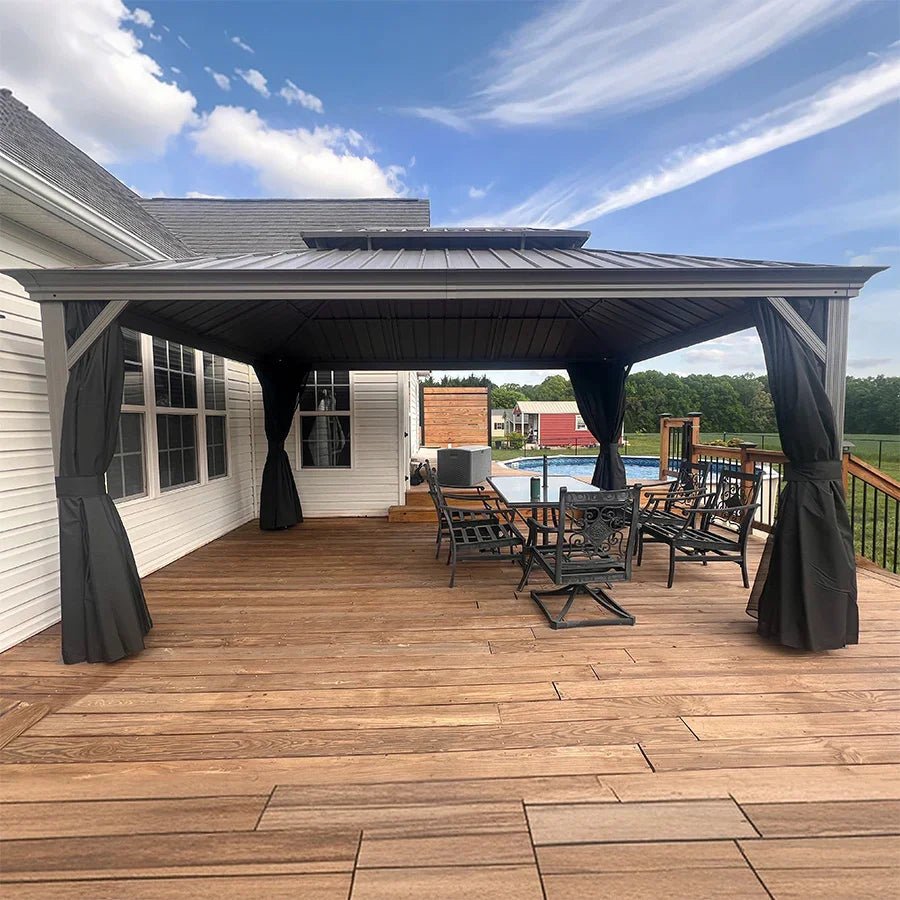 Patio Gazebo for Pool Light Grey Hardtop Galvanized Steel Roof with Upgraded Curtains - Image 81